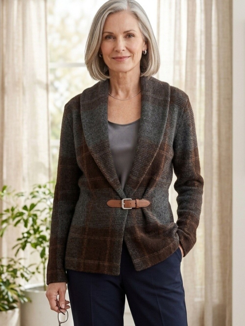 Lauren Ralph Lauren Lambswool shawl collared knit cardigan sweater belted LG